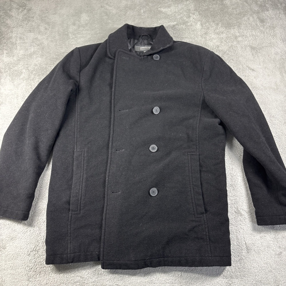 Kenneth Cole Reaction Black Double-Breasted Pea Coat L Collared Mid-Length Men